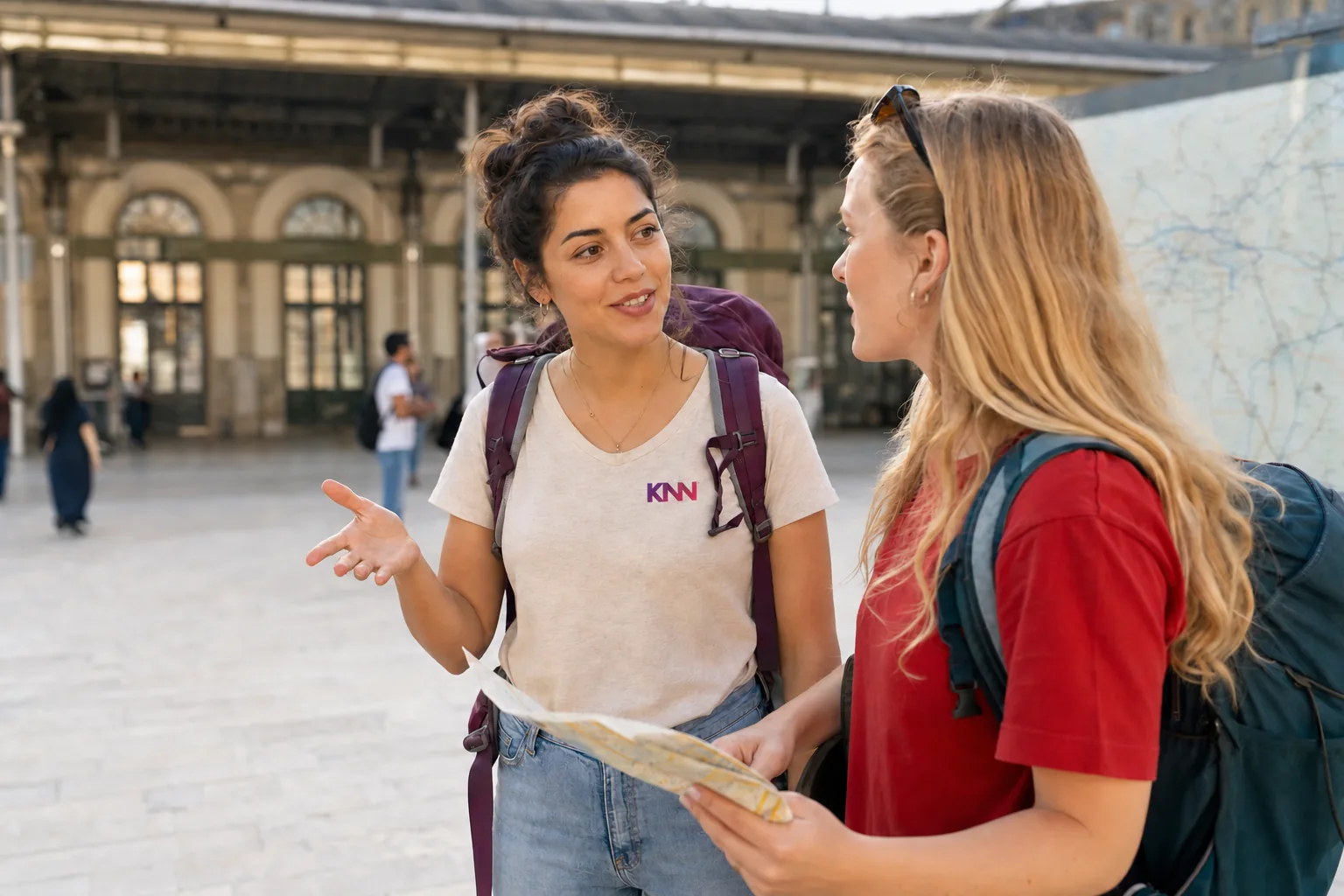 Duas jovens viajantes conversando em uma estação, uma delas com camiseta KNN